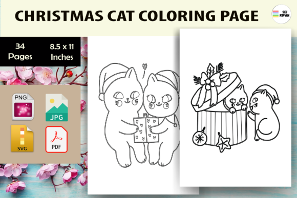 Christmas Cat Coloring Page for Kids-KDP