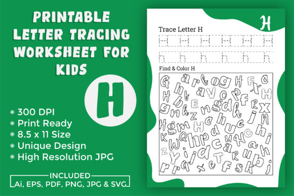 Letter Tracing Worksheet for Kids H: Graphics for KDP Interiors