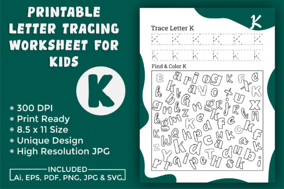 Letter Tracing Worksheet for Kids K: Graphics for KDP Interiors