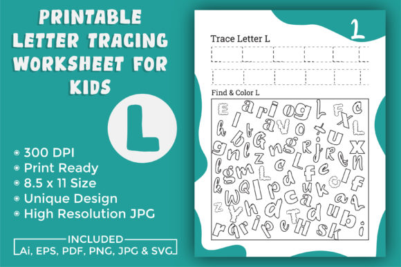 Letter Tracing Worksheet for Kids L: Graphics for Kdp Interiors